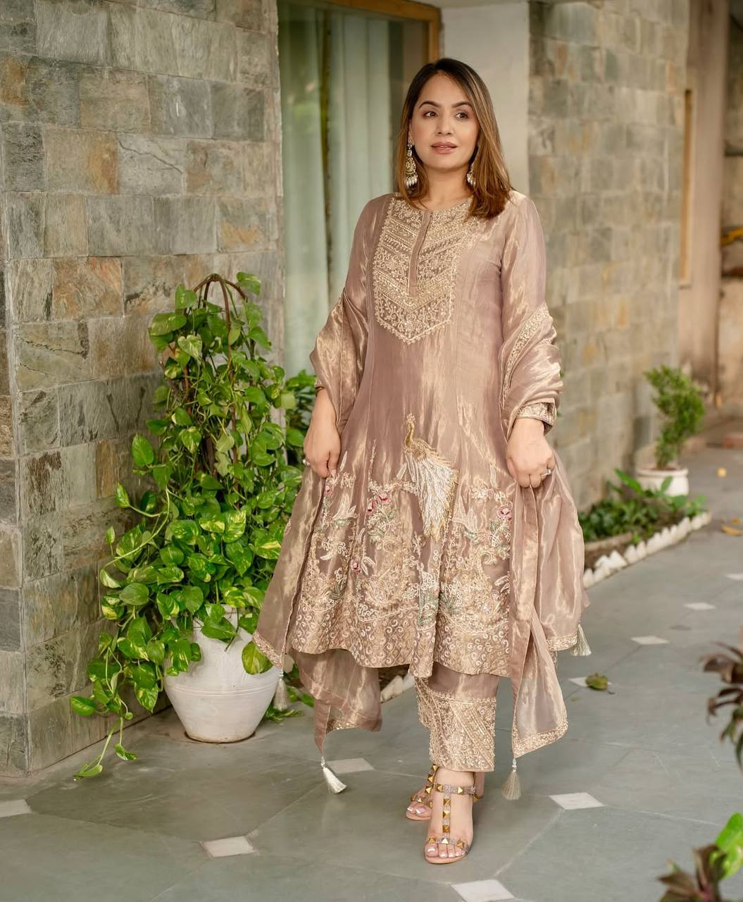 Celebrity Style Beige Color Fandy Silk With Heavy Embroidery Sequence Work Anarkali Suit