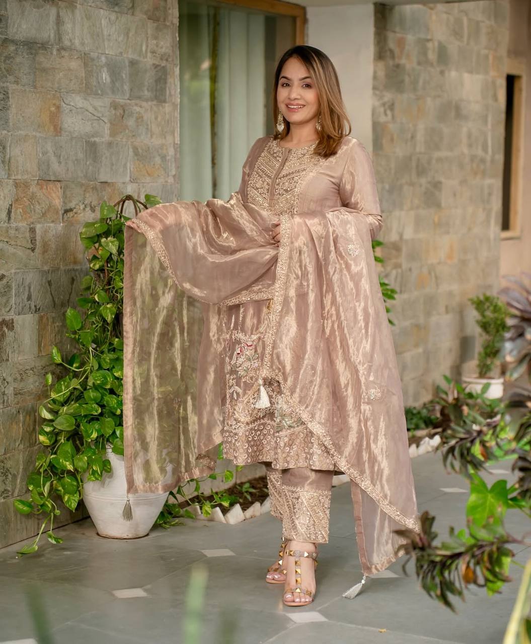 Celebrity Style Beige Color Fandy Silk With Heavy Embroidery Sequence Work Anarkali Suit