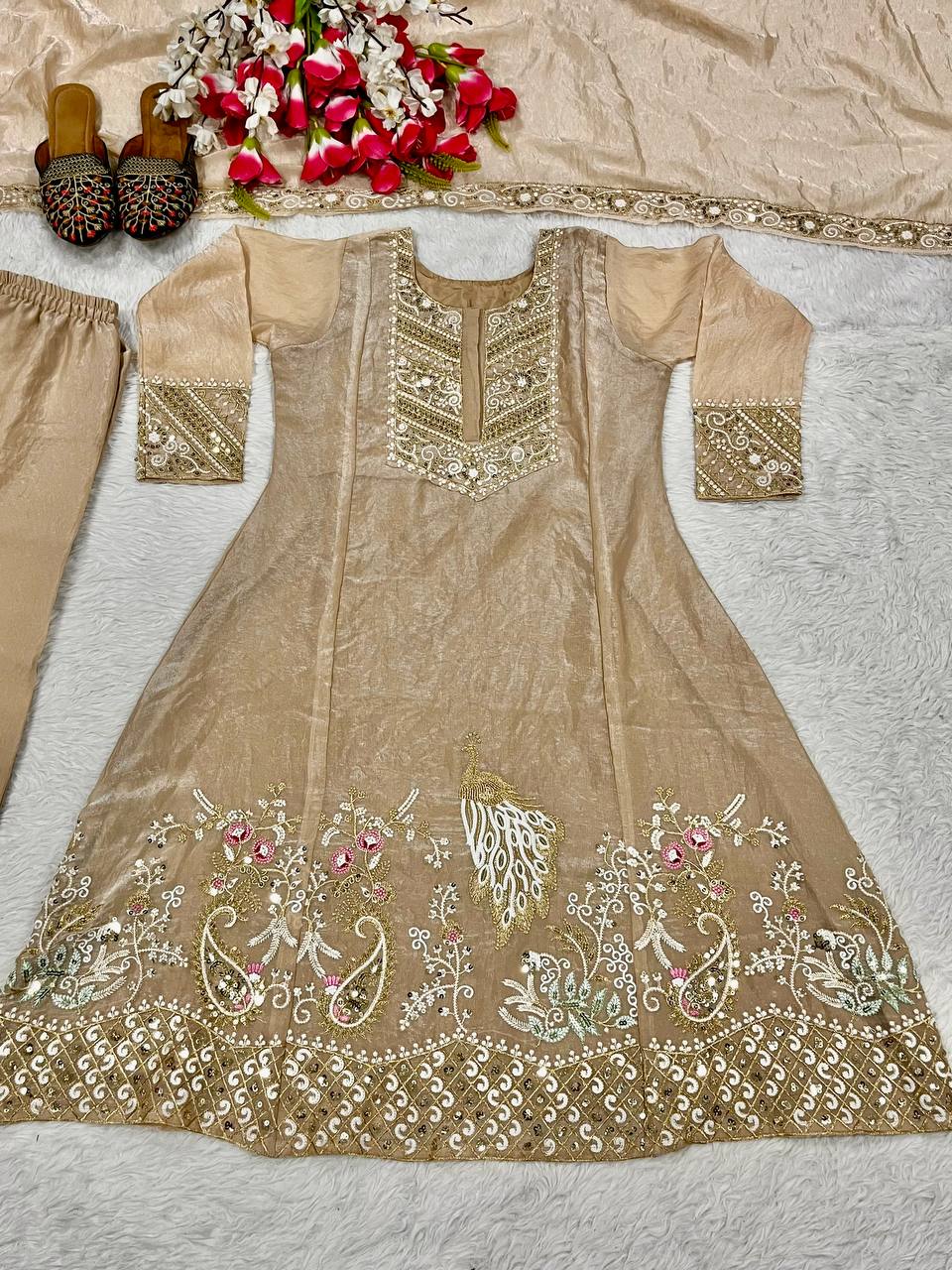 Celebrity Style Beige Color Fandy Silk With Heavy Embroidery Sequence Work Anarkali Suit