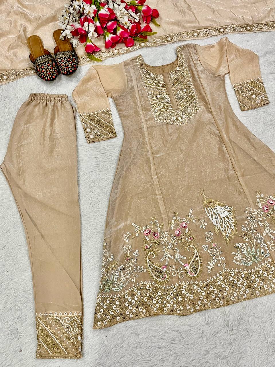 Celebrity Style Beige Color Fandy Silk With Heavy Embroidery Sequence Work Anarkali Suit