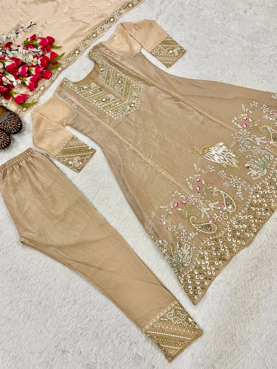 Celebrity Style Beige Color Fandy Silk With Heavy Embroidery Sequence Work Anarkali Suit