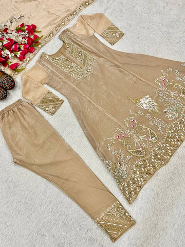 Celebrity Style Beige Color Fandy Silk With Heavy Embroidery Sequence Work Anarkali Suit