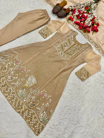 Celebrity Style Beige Color Fandy Silk With Heavy Embroidery Sequence Work Anarkali Suit