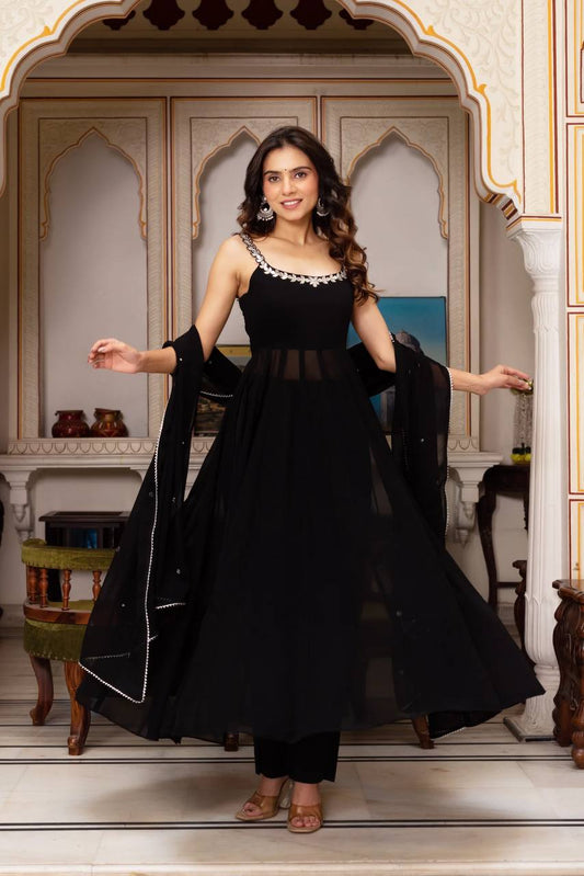 Fabulous Black Color Faux Georgette Handwork With Real Mirror Work Palazzo Suit