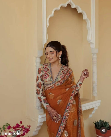 Alluring Mustard Color Butterfly Net Embroidery Work Designer Saree