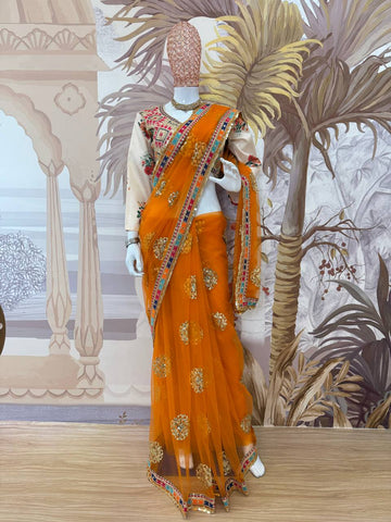 Alluring Mustard Color Butterfly Net Embroidery Work Designer Saree