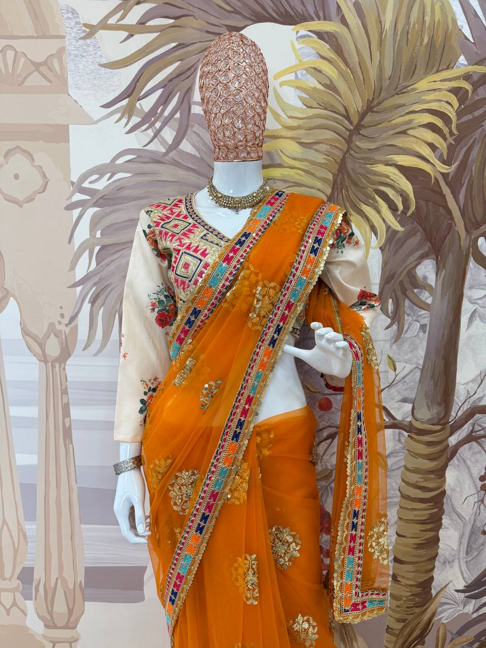 Alluring Mustard Color Butterfly Net Embroidery Work Designer Saree