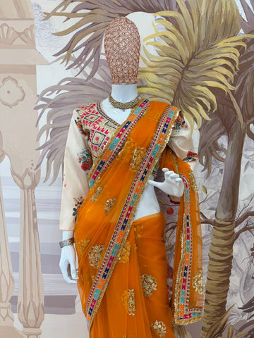 Alluring Mustard Color Butterfly Net Embroidery Work Designer Saree