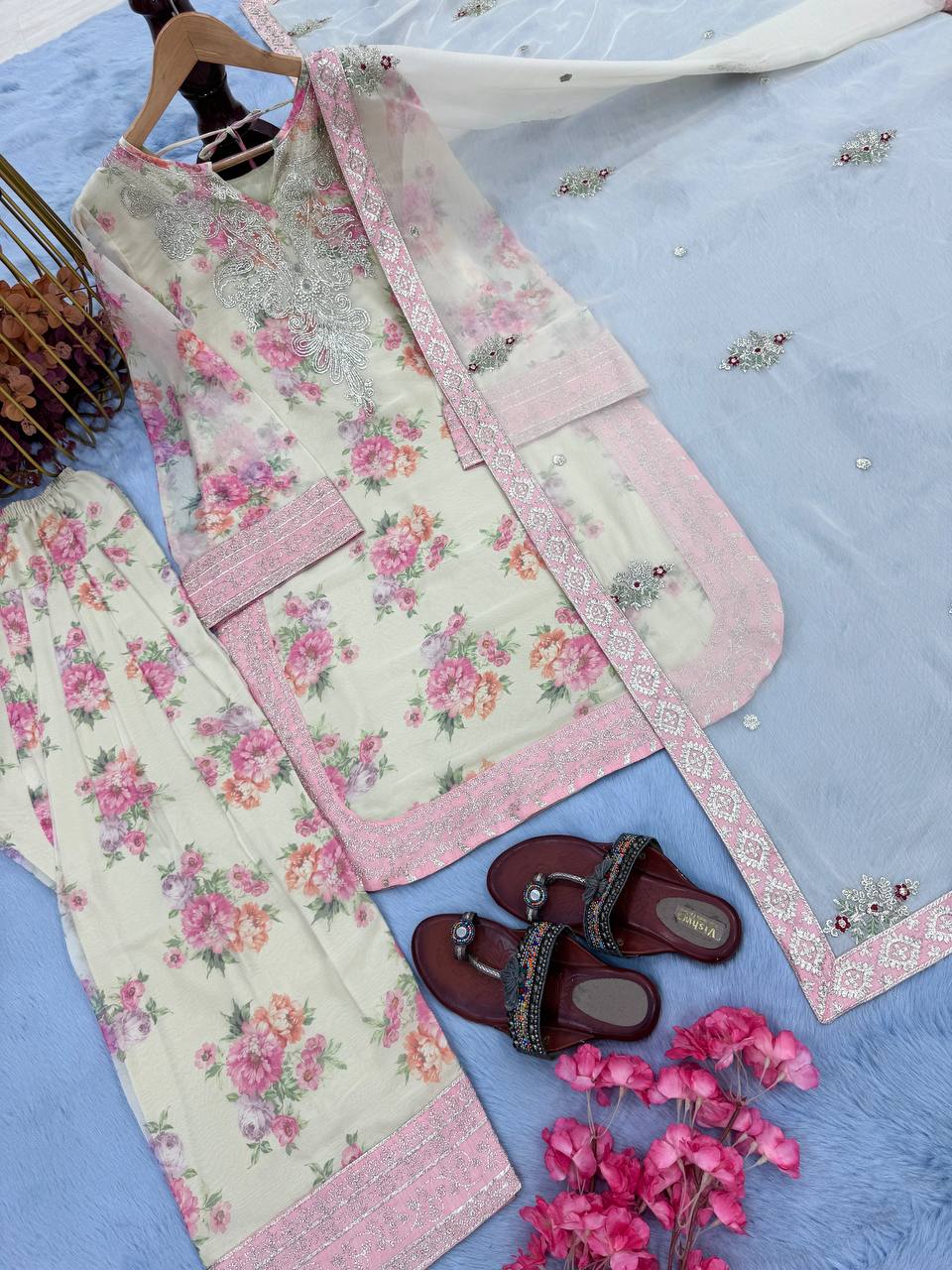 Function Wear Off White Color Pure Sifon Georgette With Digital Print With Embroidery Sequence Work Salwar Suit