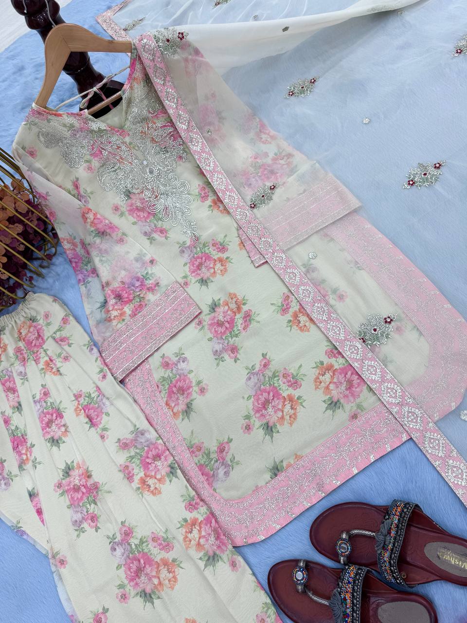 Function Wear Off White Color Pure Sifon Georgette With Digital Print With Embroidery Sequence Work Salwar Suit