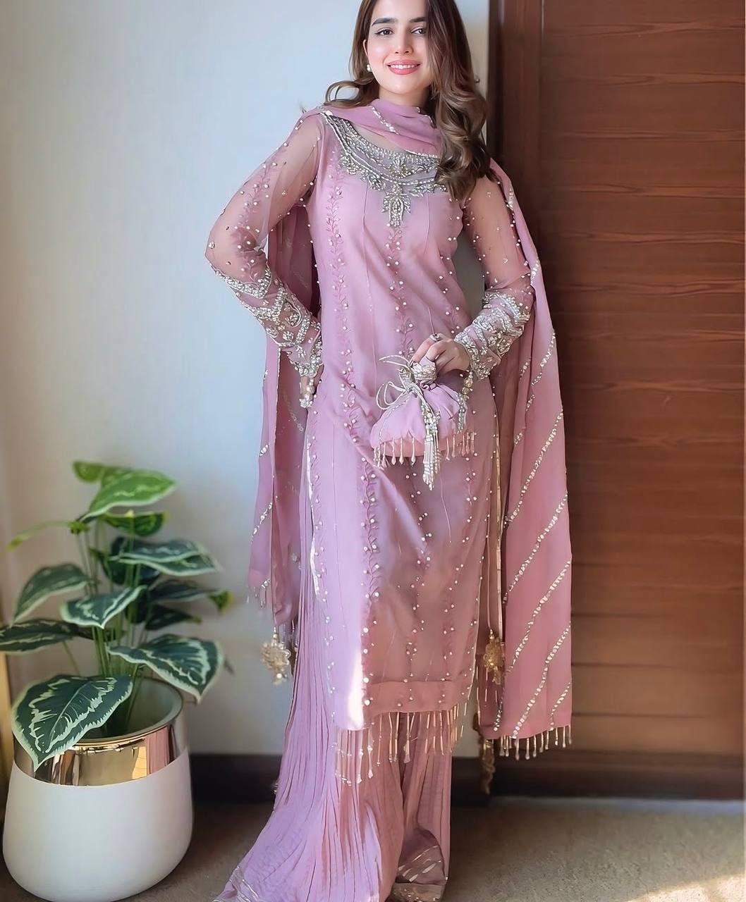 Bollywood Style Dusty Pink Color Heavy Faux Georgette With Heavy Embroidery Sequence Work Palazzo Suit
