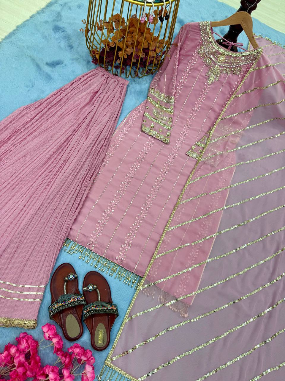 Bollywood Style Dusty Pink Color Heavy Faux Georgette With Heavy Embroidery Sequence Work Palazzo Suit