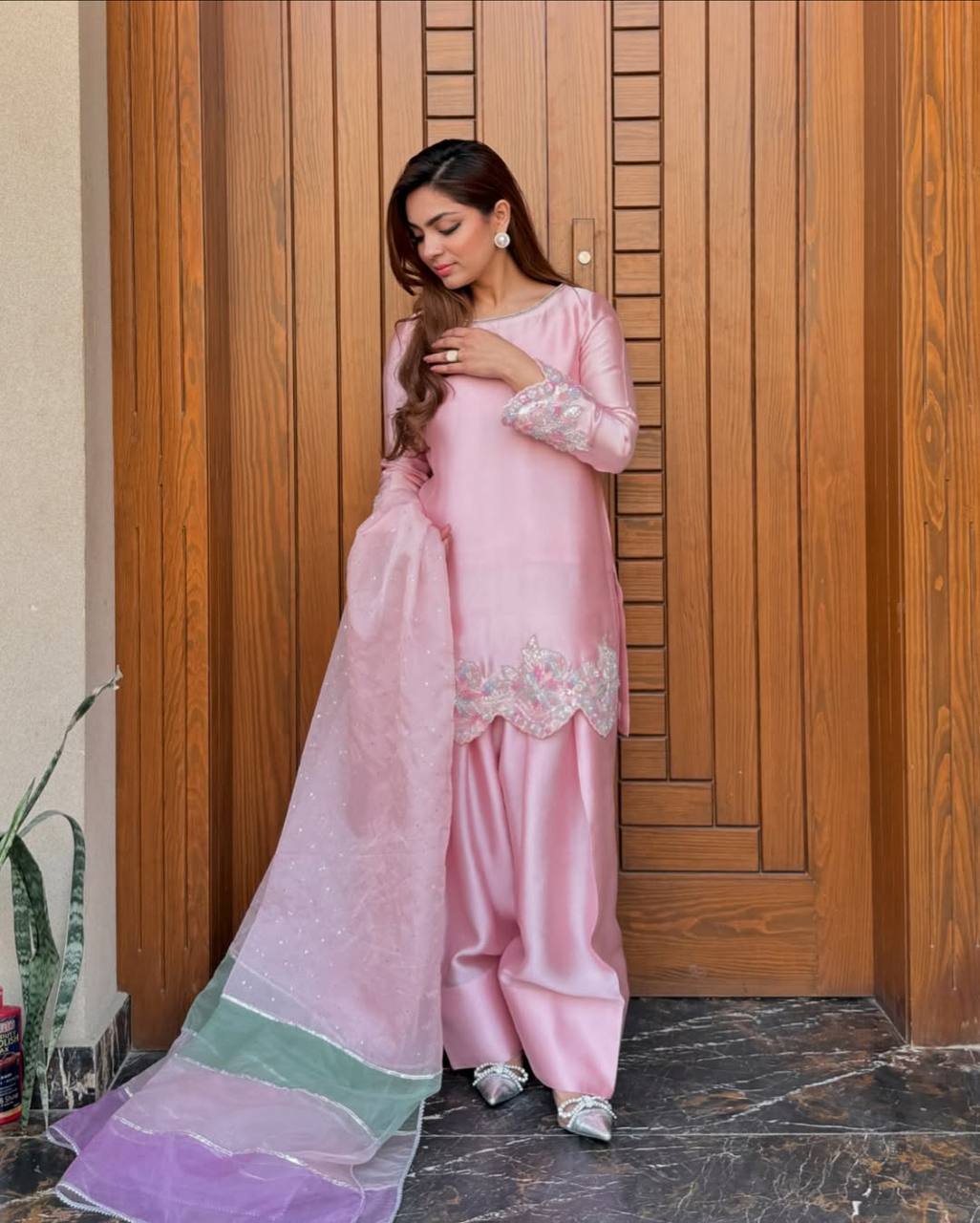 Blissful Baby Pink Color Heavy Natural Creap Heavy Embroidered Sequence Work Palazzo Suit