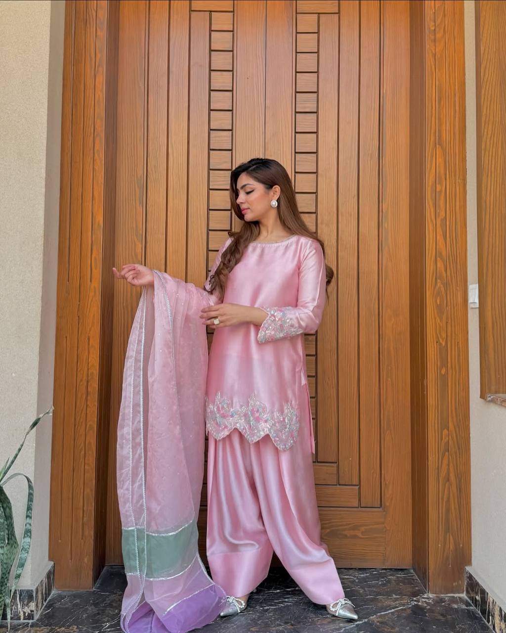 Blissful Baby Pink Color Heavy Natural Creap Heavy Embroidered Sequence Work Palazzo Suit