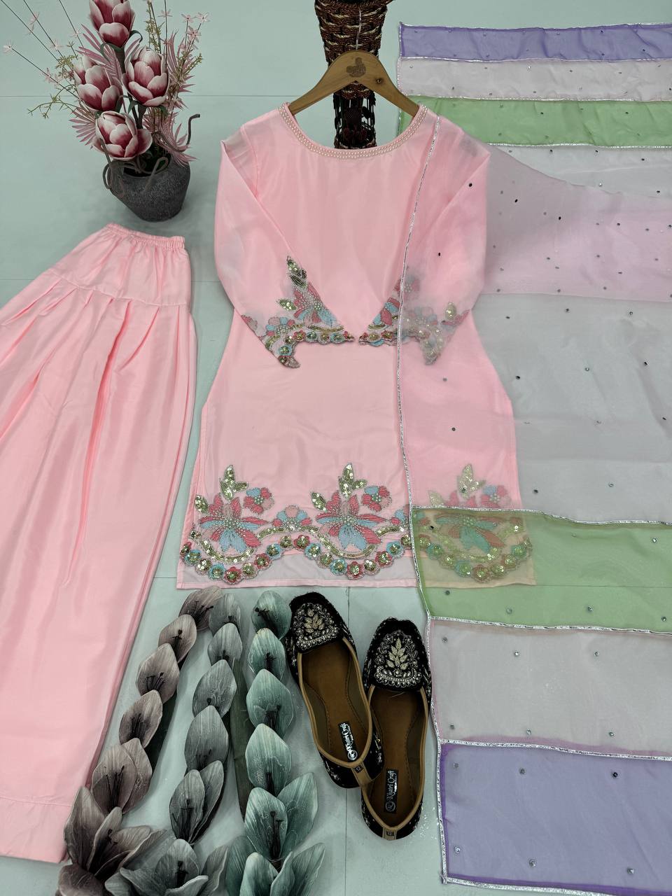 Blissful Baby Pink Color Heavy Natural Creap Heavy Embroidered Sequence Work Palazzo Suit