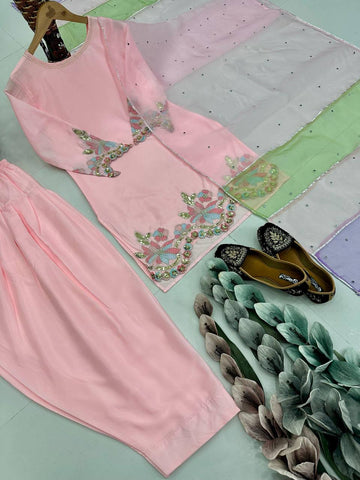 Blissful Baby Pink Color Heavy Natural Creap Heavy Embroidered Sequence Work Palazzo Suit