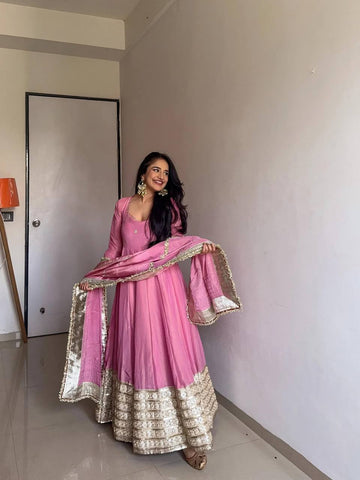 Bollywood Style Dusty Pink Color Vichitra Silk With Embroidery Zari-Codding Sequins Work Anarkali Gown
