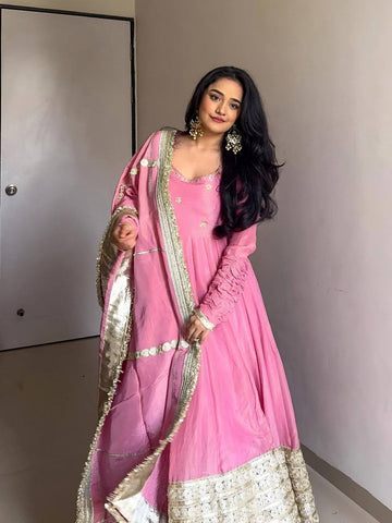 Bollywood Style Dusty Pink Color Vichitra Silk With Embroidery Zari-Codding Sequins Work Anarkali Gown