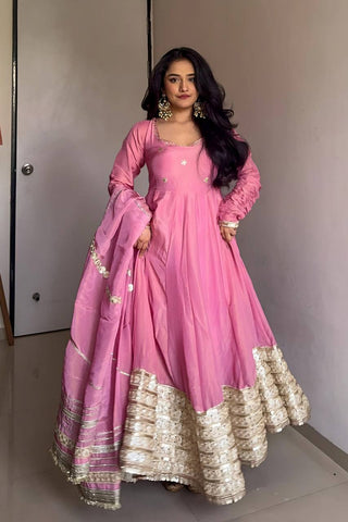 Bollywood Style Dusty Pink Color Vichitra Silk With Embroidery Zari-Codding Sequins Work Anarkali Gown