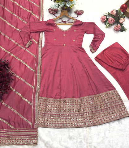 Bollywood Style Dusty Pink Color Vichitra Silk With Embroidery Zari-Codding Sequins Work Anarkali Gown