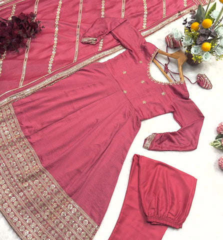 Bollywood Style Dusty Pink Color Vichitra Silk With Embroidery Zari-Codding Sequins Work Anarkali Gown