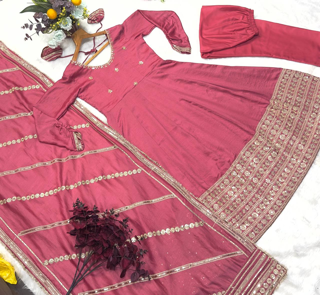 Bollywood Style Dusty Pink Color Vichitra Silk With Embroidery Zari-Codding Sequins Work Anarkali Gown