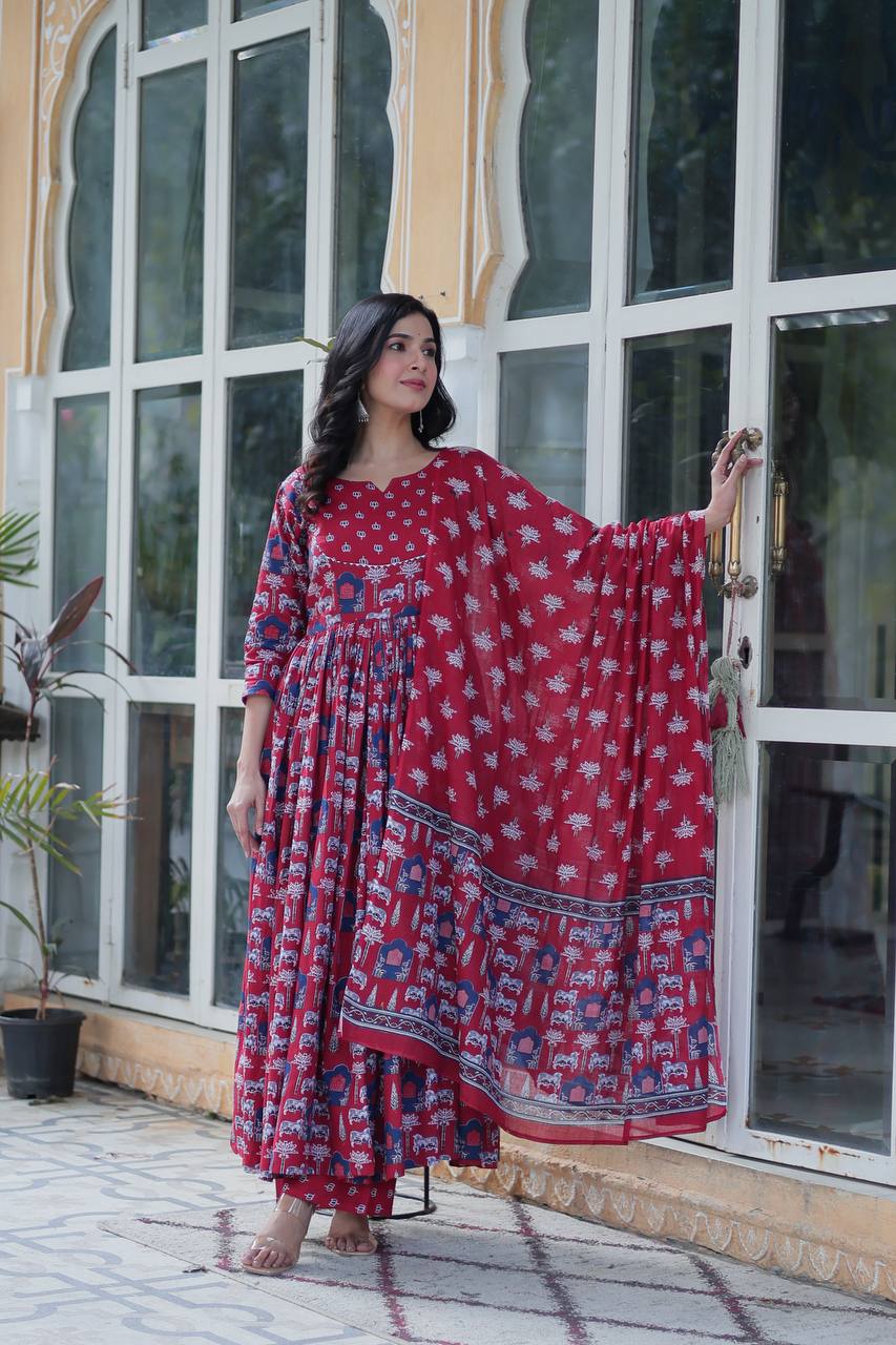 Imposing Red Color Pure Cotton Fancy Round Neck Kurti With Palazzo