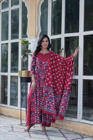 Imposing Red Color Pure Cotton Fancy Round Neck Kurti With Palazzo