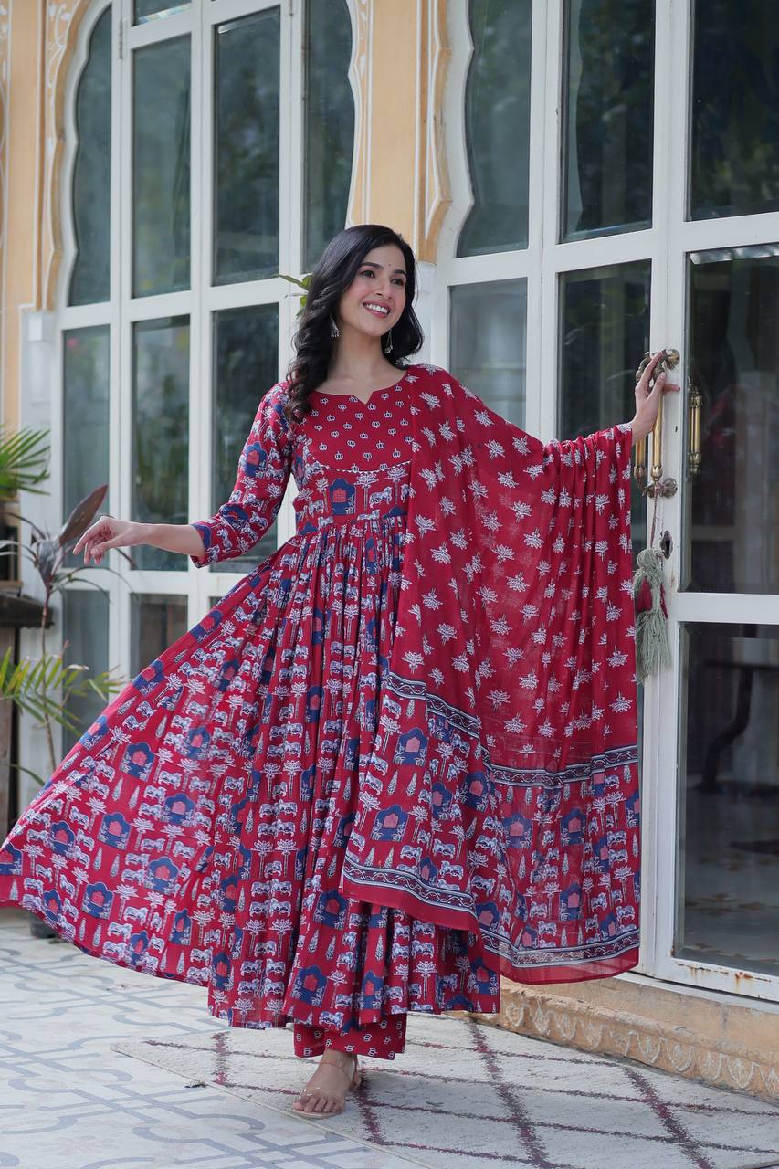 Imposing Red Color Pure Cotton Fancy Round Neck Kurti With Palazzo