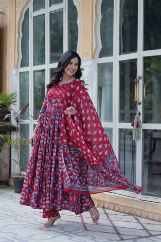Imposing Red Color Pure Cotton Fancy Round Neck Kurti With Palazzo