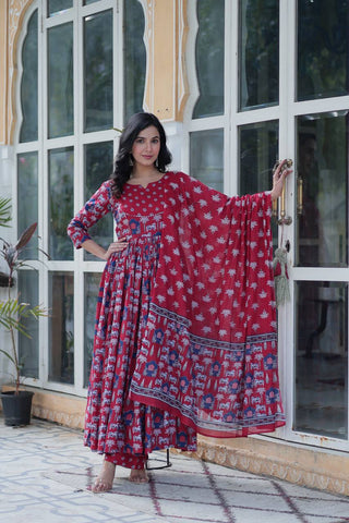 Imposing Red Color Pure Cotton Fancy Round Neck Kurti With Palazzo