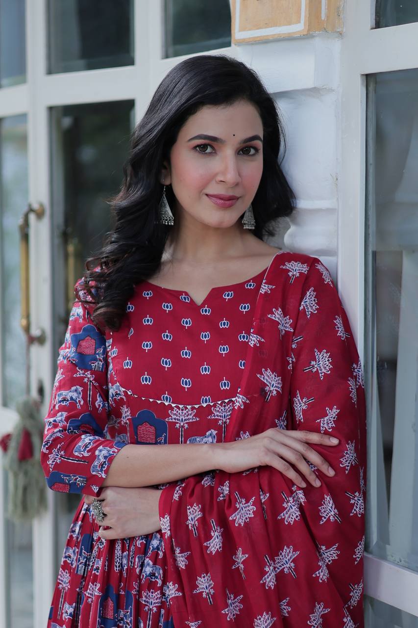 Imposing Red Color Pure Cotton Fancy Round Neck Kurti With Palazzo