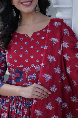Imposing Red Color Pure Cotton Fancy Round Neck Kurti With Palazzo