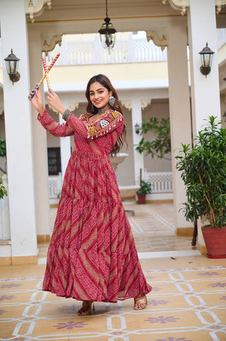 Garba Collection Dark Pink Faux Georgette With Bandhni Printed Gamathi Work Gown