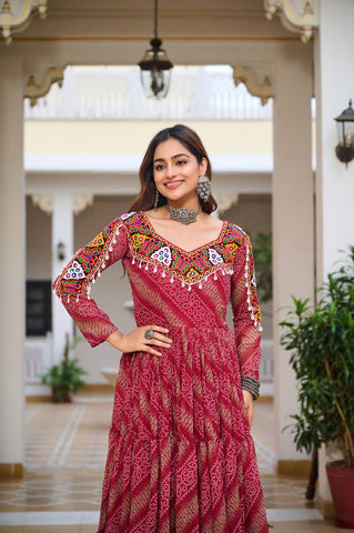 Garba Collection Dark Pink Faux Georgette With Bandhni Printed Gamathi Work Gown