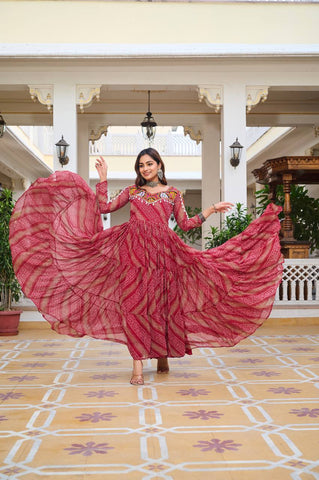 Garba Collection Dark Pink Faux Georgette With Bandhni Printed Gamathi Work Gown