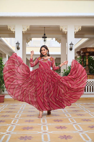Garba Collection Dark Pink Faux Georgette With Bandhni Printed Gamathi Work Gown