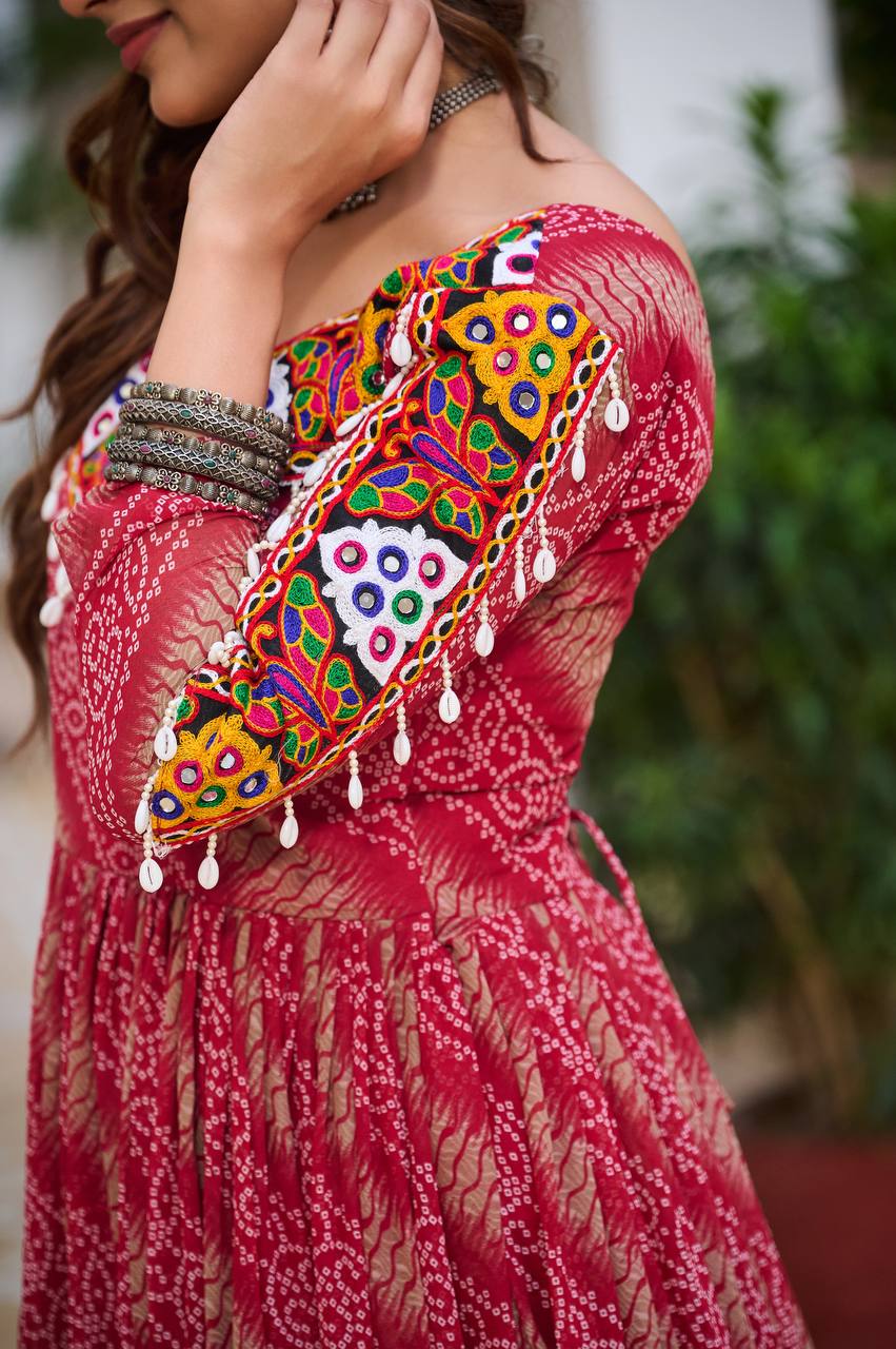 Garba Collection Dark Pink Faux Georgette With Bandhni Printed Gamathi Work Gown