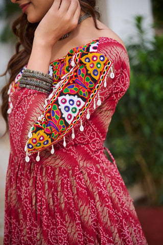 Garba Collection Dark Pink Faux Georgette With Bandhni Printed Gamathi Work Gown