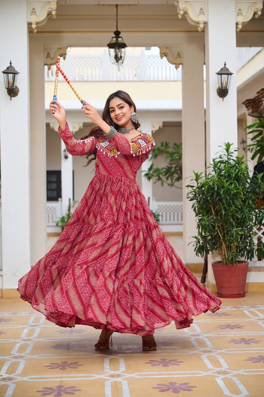 Garba Collection Dark Pink Faux Georgette With Bandhni Printed Gamathi Work Gown