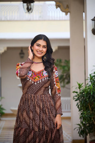 Garba Night Coffee Faux Georgette With Bandhni Printed Gamathi Work Gown
