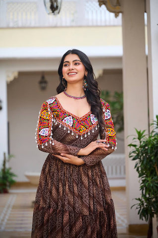 Garba Night Coffee Faux Georgette With Bandhni Printed Gamathi Work Gown