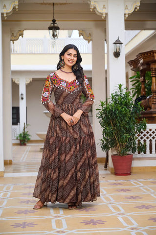 Garba Night Coffee Faux Georgette With Bandhni Printed Gamathi Work Gown