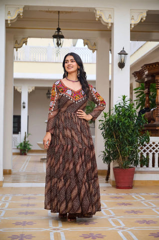 Garba Night Coffee Faux Georgette With Bandhni Printed Gamathi Work Gown