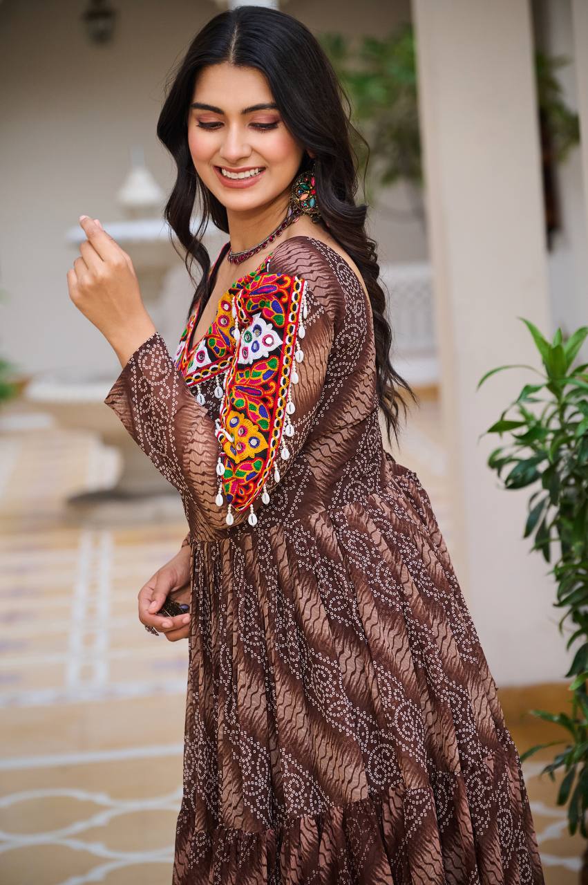 Garba Night Coffee Faux Georgette With Bandhni Printed Gamathi Work Gown