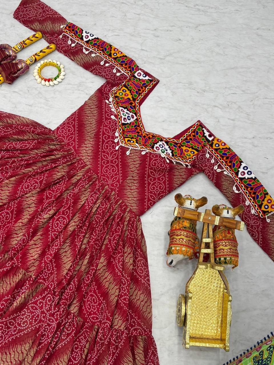 Garba Collection Dark Pink Faux Georgette With Bandhni Printed Gamathi Work Gown