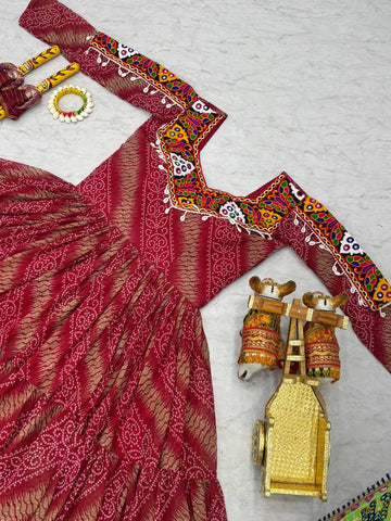 Garba Collection Dark Pink Faux Georgette With Bandhni Printed Gamathi Work Gown