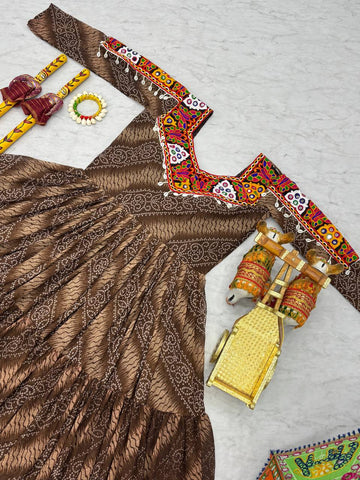 Garba Night Coffee Faux Georgette With Bandhni Printed Gamathi Work Gown