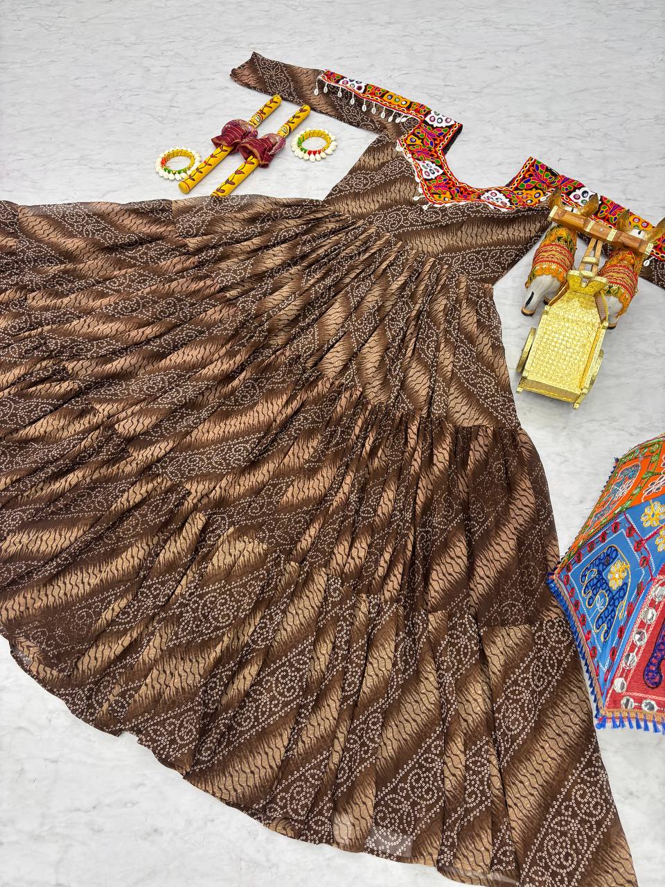 Garba Night Coffee Faux Georgette With Bandhni Printed Gamathi Work Gown