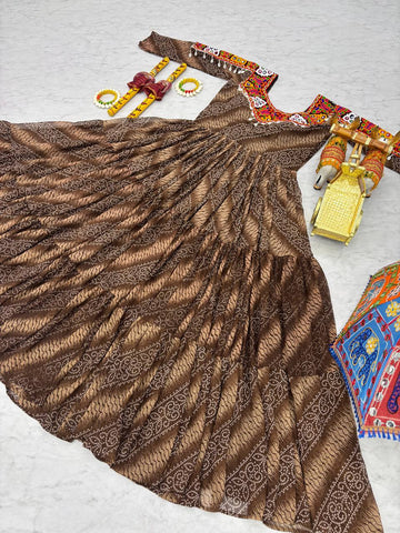 Garba Night Coffee Faux Georgette With Bandhni Printed Gamathi Work Gown